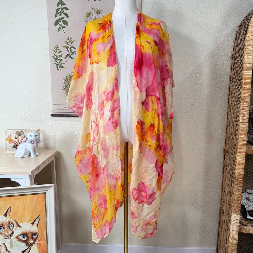 Watercolor Floral Gauzy Kimono Wrap Coastal Grandma Beach Fairy Boho Hippie OS